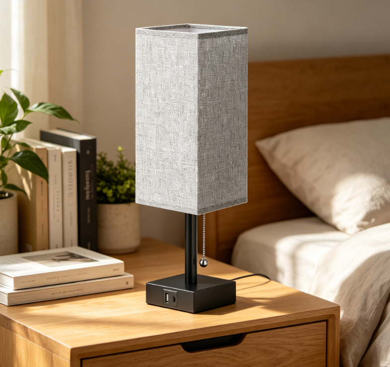 Gray bedroom table lamp set, bedside nightstand lamps with simple pull chain and USB charging ports, ideal for dorm and kids room