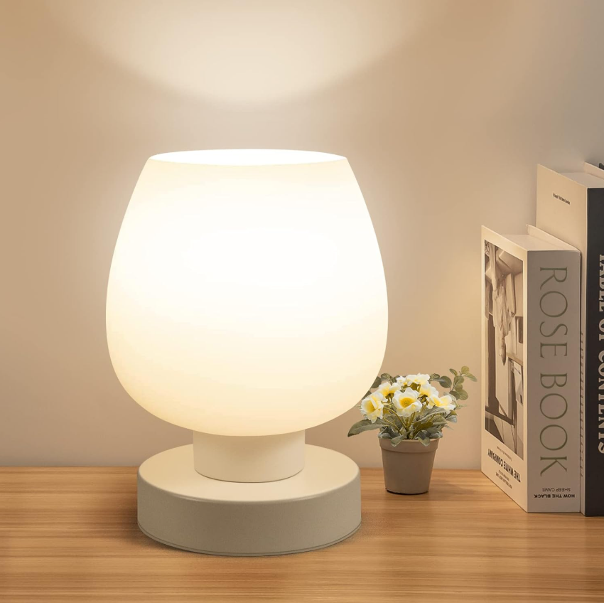 Touch bedside table lamp, modern small lamp for bedroom and living room, desk lamp with white opal glass shade, three-way dimmable, simple gift for Mother’s Day