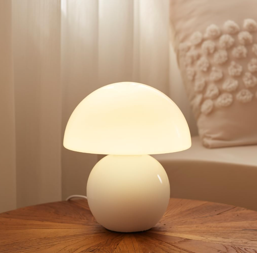 Mushroom shaped small table lamp, bedside nightstand lamp for bedroom, dimmable cute modern lamp, aesthetic home decor and gift for girls, ceramic base with glass lampshade (White)